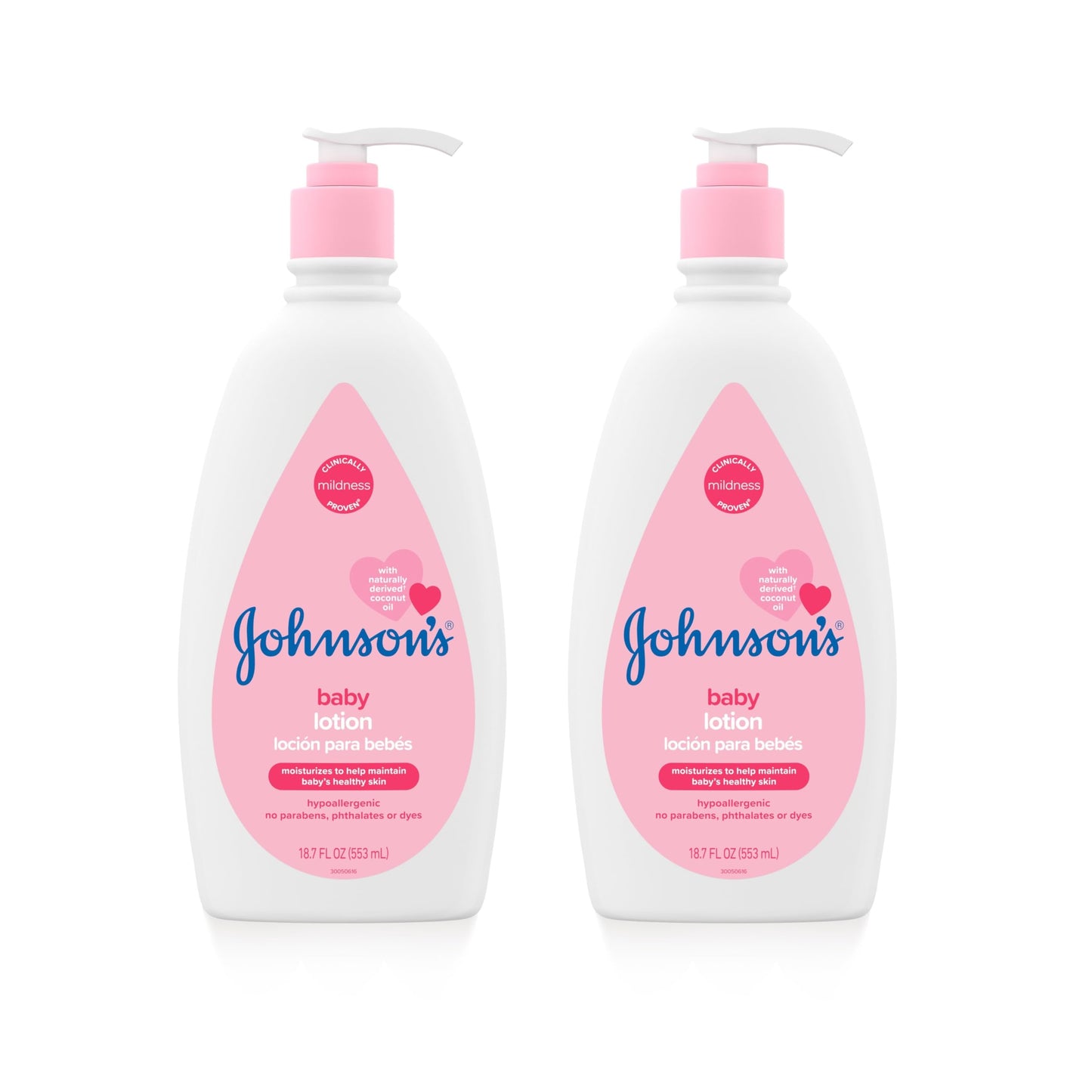 Johnson's Moisturizing Mild Pink Baby Lotion with Coconut Oil for Delicate Baby Skin, Paraben-, Phthalate- & Dye-Free, Hypoallergenic & Dermatologist-Tested, Baby Skin Care, 27.1 Fl. Oz