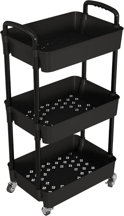 Laiensia 3-Tier Kitchen Storage Cart,Multifunction Utility Rolling Storage Organizer,Mobile Shelving Unit Cart with Lockable Wheels for Bathroom,Laundry,Living Room,With Classified Stickers,Black