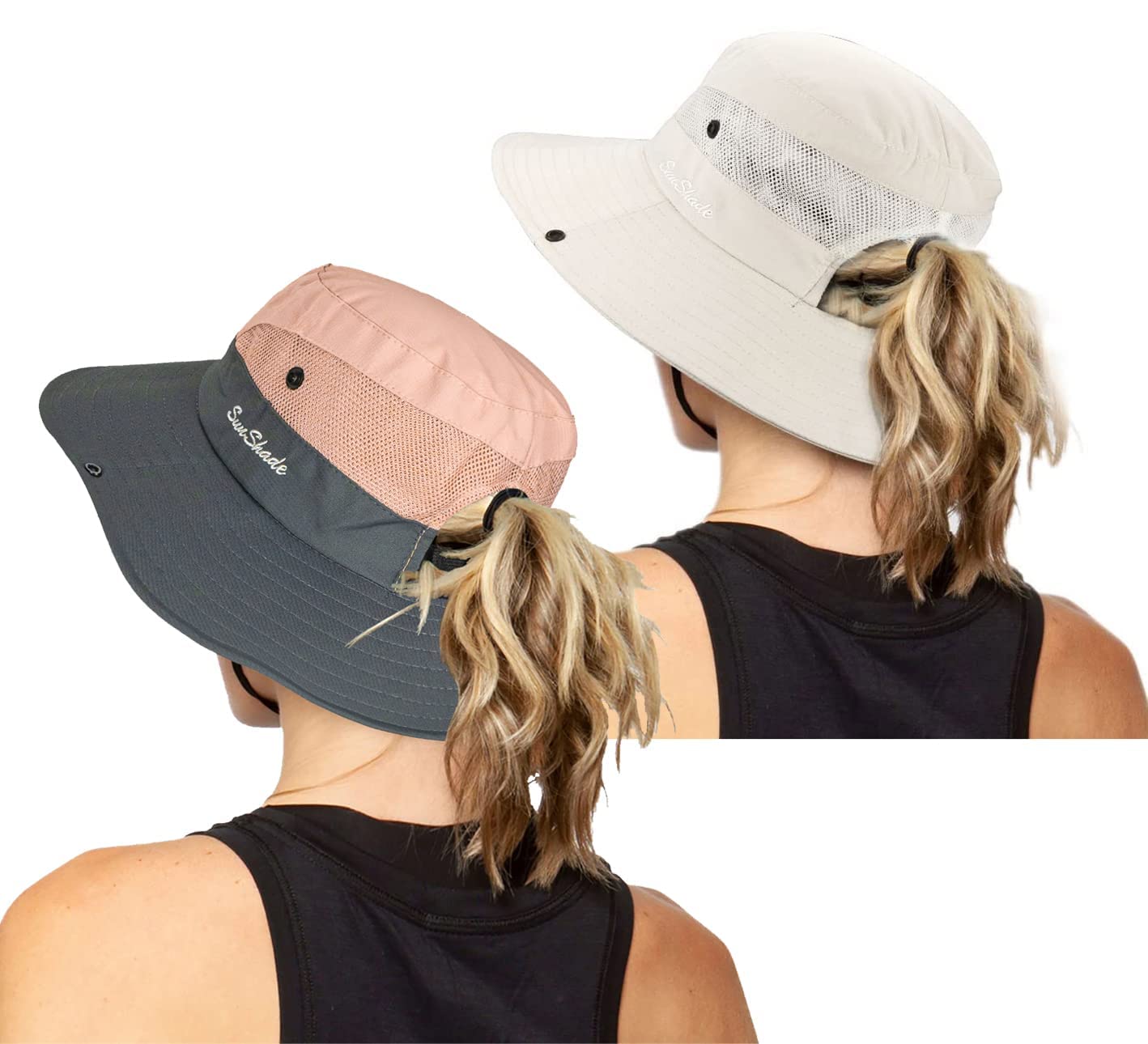 Women's Outdoor UV-Protection-Foldable Sun-Hats Mesh Wide-Brim Beach Fishing Hat with Ponytail-Hole