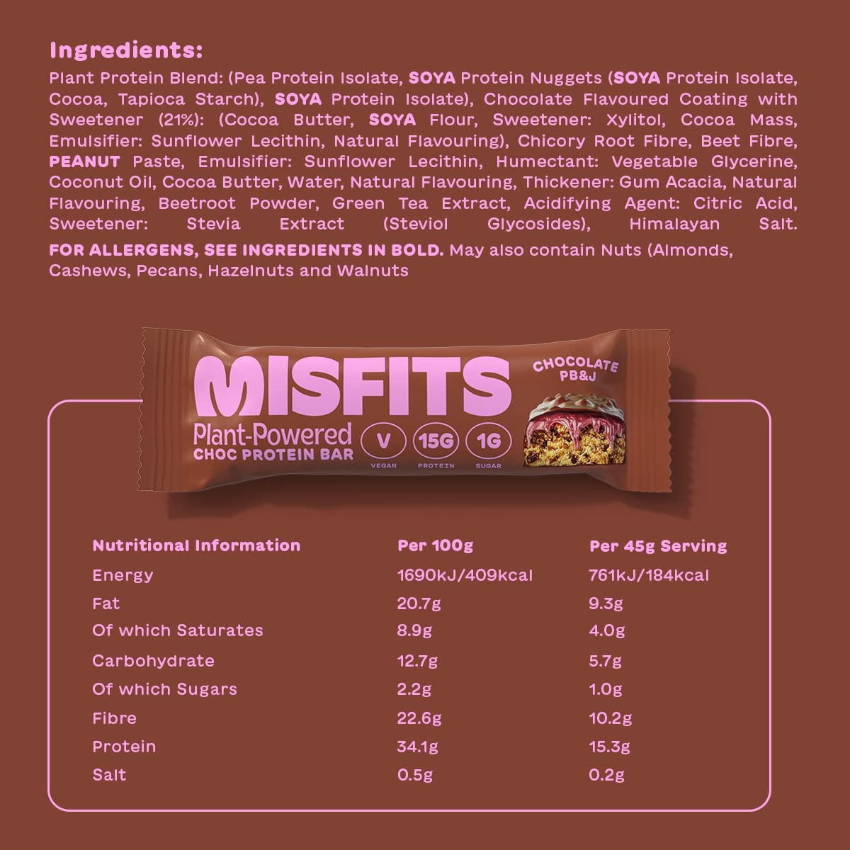 Misfits Vegan Protein Bar, Variety Pack, Plant Based Chocolate Protein Bars, High Protein Snacks for Adults with 15g Plant Protein Per Bar, Low Carb, 1g Sugar, High Fiber, Healthy Snack Food, 12 Pack