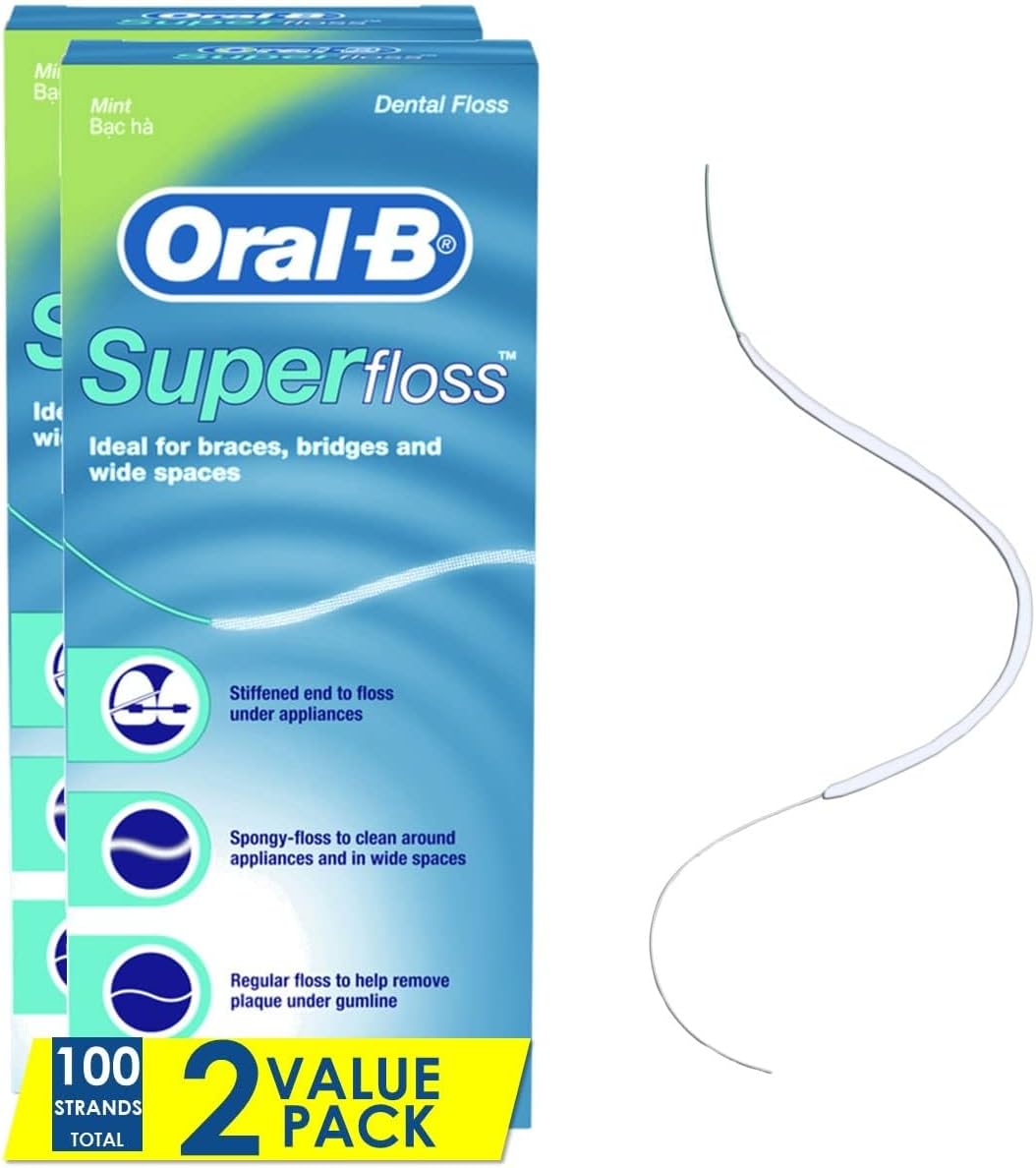 Oral-B Dental Floss for Braces, Super Floss Pre-Cut Strands, Mint, 50 Count, Pack of 2