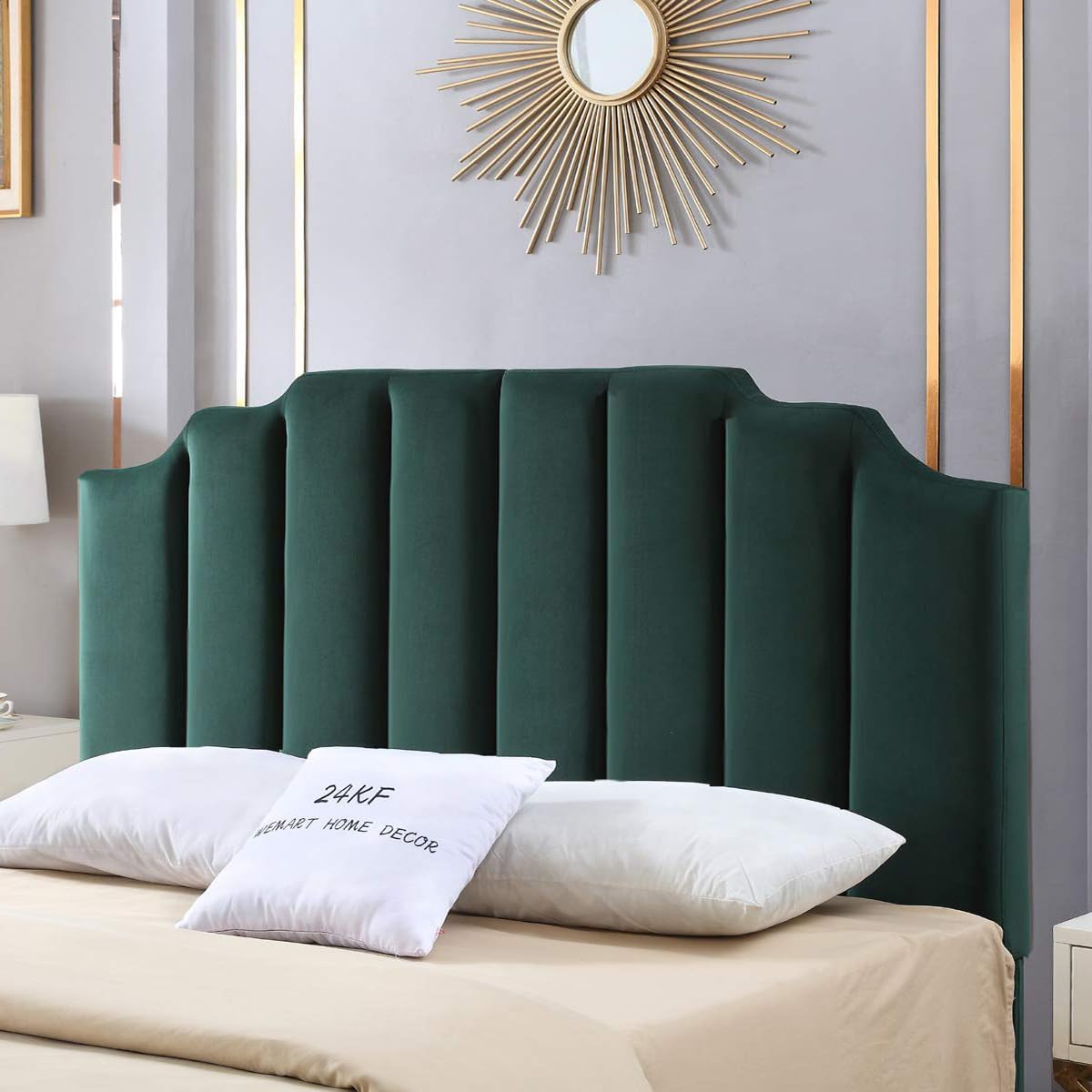 24KF Green Velvet Upholstered Queen Size Headboard Full Size Headboard,Tufted Headboard for Queen Bed Full Bed,Modern Vertical Channel Design with Curved Tufted Queen/Full Headboard-Jade Green