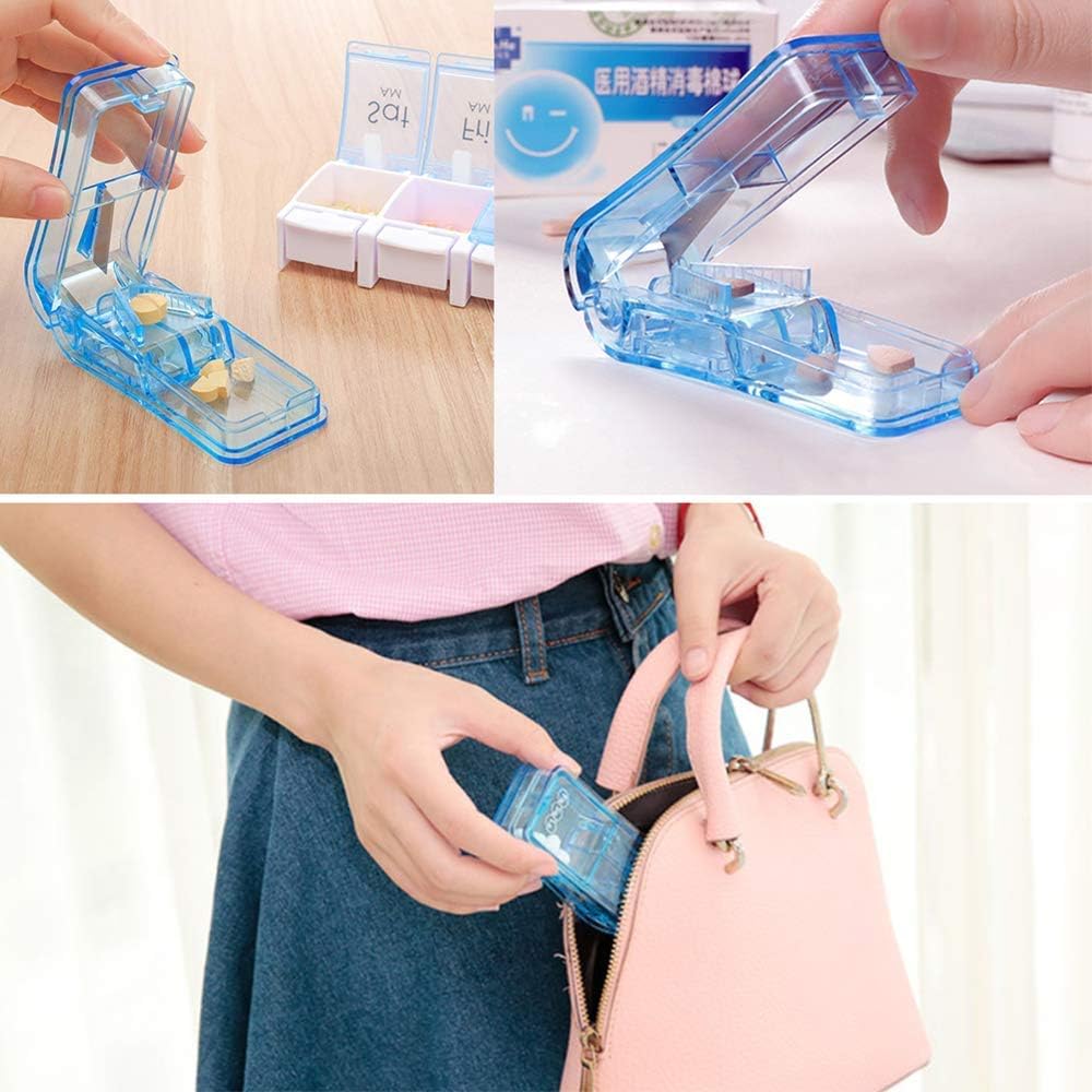 JohnBee Pill Cutter - Best Pill Cutter for Small or Large Pills - Design in The USA - Cuts Vitamins - Pill Splitter with Shield - includes Keychain Pill Holder and Small Cleaning Brush (Blue)