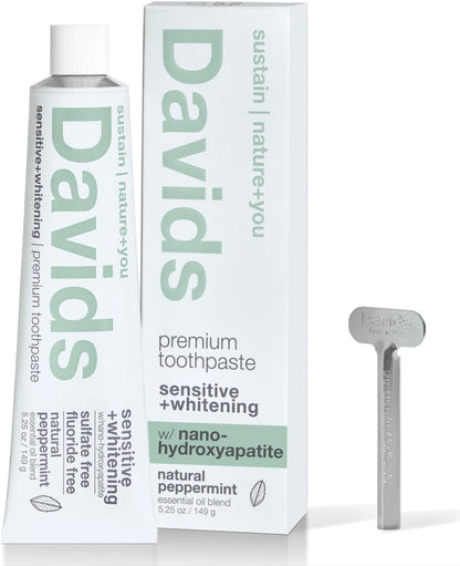 Davids Fluoride Free Nano Hydroxyapatite Toothpaste for Remineralizing Enamel & Sensitive Relief, Whitening, Antiplaque, SLS Free, Natural Peppermint, 5.25oz, Made in USA