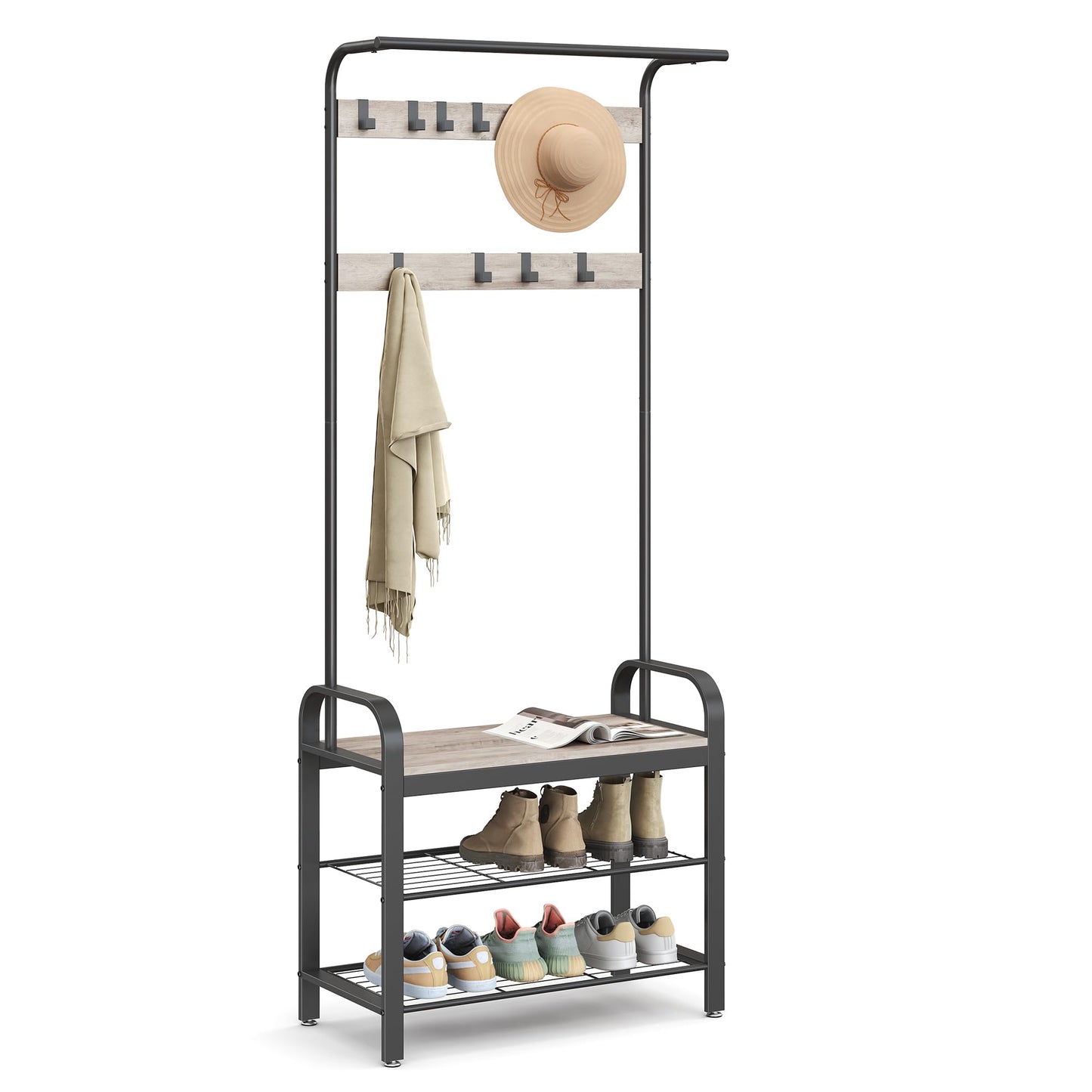 VASAGLE Coat Rack, Hall Tree with Shoe Bench for Entryway, Entryway Bench with Coat Rack, 4-in-1, with 9 Removable Hooks, a Hanging Rod, 13.3 x 28.3 x 72.1 Inches, Honey Brown and Black UHSR040B05