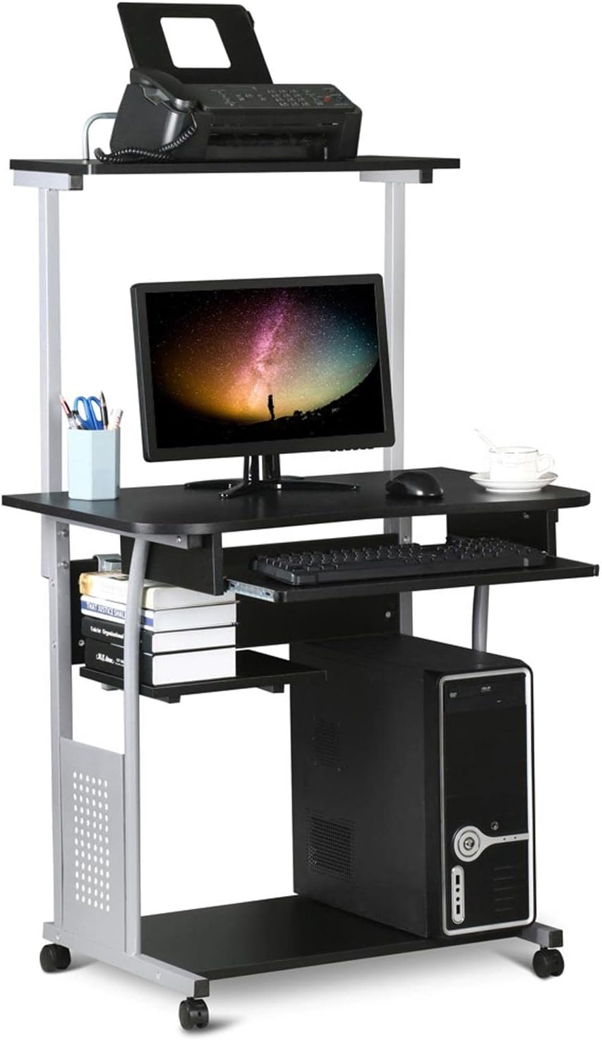 Yaheetech 3 Tiers Mobile Computer Desk with Printer Shelf & Keyboard Tray Rolling Computer Desk for Small Spaces, Compact Study Desk Workstation with Wheels, Space Saving, Black