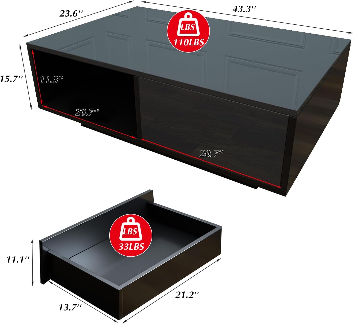 COSVALVE 43.3IN LED Black Coffee Tables for Living Room with 16 Colors LED Lights Modern Coffee Table with Storage Drawer Rectangle Center Table for Home Furniture