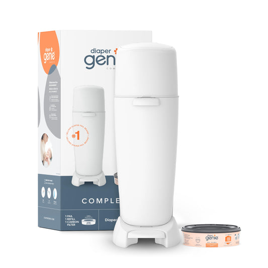 Diaper Genie Complete Diaper Pail (White) with Antimicrobial Odor Control | Includes 1 Diaper Trash Can, 1 Refill Bags, 1 Carbon Filter, Packaging may vary