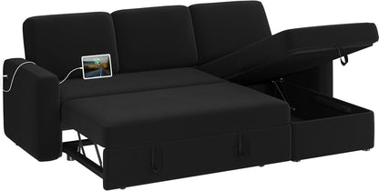 Yaheetech Sectional Sofa L-Shaped Sofa Couch Bed w/Chaise & USB, Reversible Couch Sleeper w/Pull Out Bed & Storage Space, 4-seat Fabric Convertible Sofa, Pull Out Couch for Living Room Black