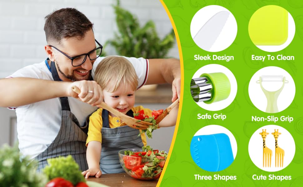 Kids Knife Set for Real Cooking Toddler Kitchen Tools Include 4 Serrated Edges Plastic Safe Knives,Crinkle Cutter Y Peeler Cutting Boards Wood Kids Knife, Kitchen Gloves, Fruit Forks and Dough Cutters