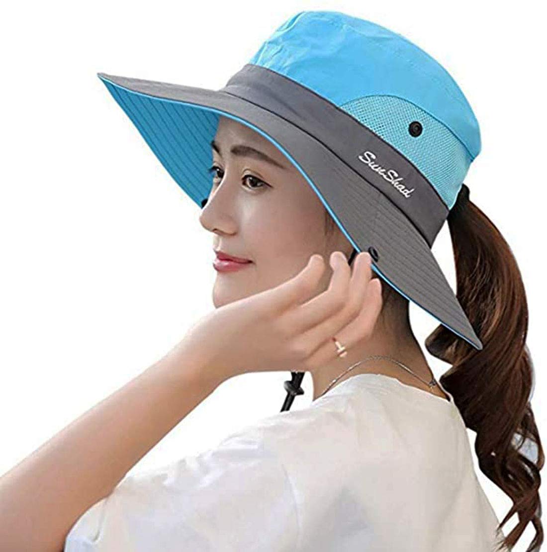 Women's Outdoor UV-Protection-Foldable Sun-Hats Mesh Wide-Brim Beach Fishing Hat with Ponytail-Hole