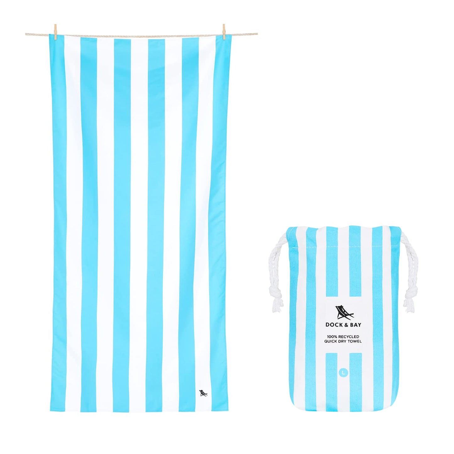 Dock & Bay Beach Towel - Quick Dry, Sand Free - Compact, Lightweight - 100% Recycled - includes Bag - Cabana - Bondi Blue - Extra Large (200x90cm, 78x35)