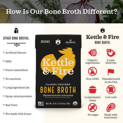 Kettle and Fire Classic Beef Bone Broth, Keto, Paleo, and Whole 30 Approved, Gluten Free, High in Protein and Collagen (6 Pack)