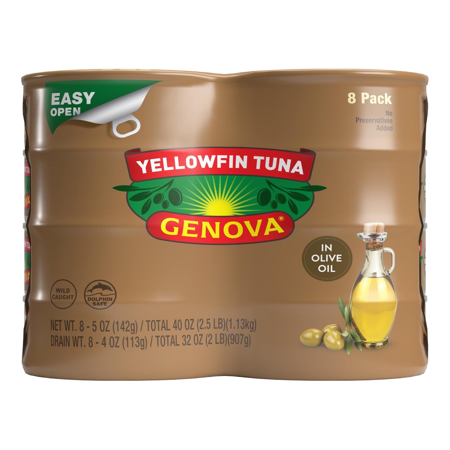 Genova Premium Yellowfin Tuna in Olive Oil, Wild Caught, Solid Light, 5 oz. Can (Pack of 8)