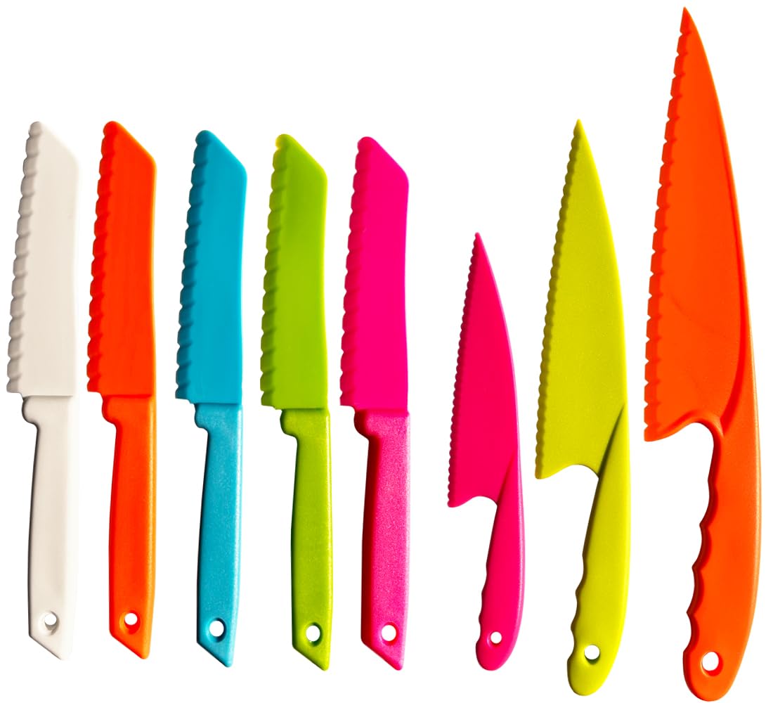 Kids Knife Set for Real Cooking Toddler Kitchen Tools Include 4 Serrated Edges Plastic Safe Knives,Crinkle Cutter Y Peeler Cutting Boards Wood Kids Knife, Kitchen Gloves, Fruit Forks and Dough Cutters