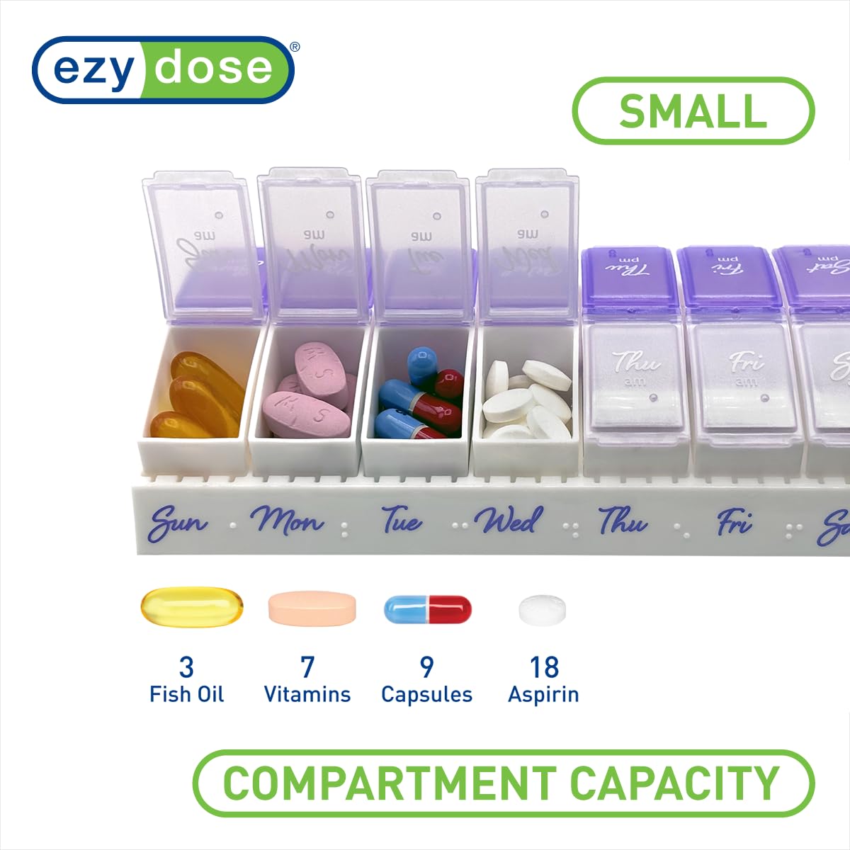 EZY DOSE Weekly (7-Day) AM/PM Pill Case, Medicine Planner, Vitamin Organizer Box, Small Pop-out Compartments, 2 Times a Day, Blue and Purple Lids, BPA Free