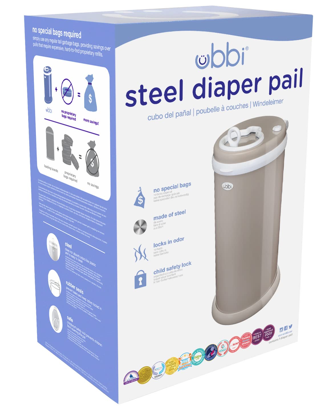 Ubbi Steel Diaper Pail, Odor Locking, No Special Bag Required, Award-Winning, Registry Must-Have, White