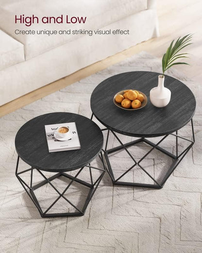 VASAGLE Small Coffee Table Set of 2, Round Coffee Table with Steel Frame, Side End Table for Living Room, Bedroom, Office, Charcoal Gray and Ink Black