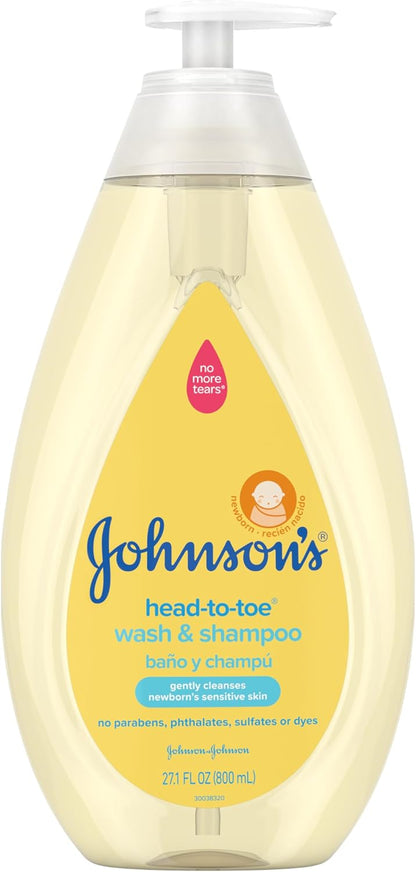 Johnson's Head-to-Toe Gentle Tear-Free Baby & Newborn Wash & Shampoo, Sulfate-, Paraben- Phthalate- & Dye-Free, Hypoallergenic Wash for Sensitive Skin & Hair, 27.1 fl. Oz