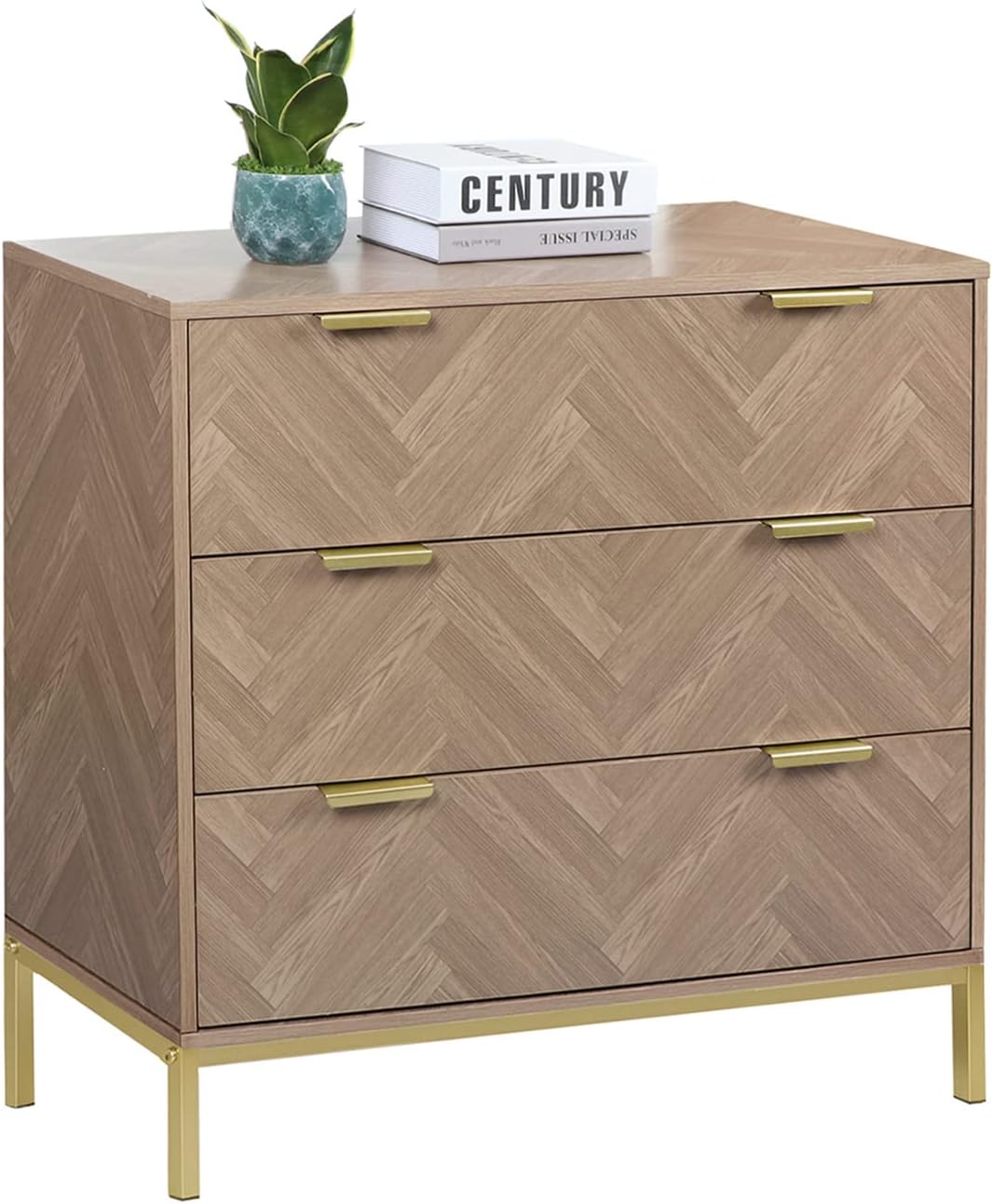 Anmytek Modern 3 Drawer Chest Dresser, Mid Century Natural Oak Organizer Bedroom Furniture with Gold Metal Legs H0037