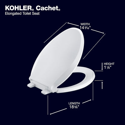 KOHLER 4636-RL-0 Cachet ReadyLatch Elongated Toilet Seat, Quiet-Close Lid and Seat, Countoured Seat, Grip-Tight Bumpers and Installation Hardware, White, 18.04"L x 14.18"W