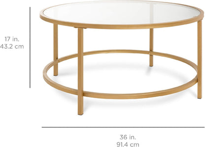 Best Choice Products 36in Modern Round Tempered Glass Accent Side Coffee Table for Living Room, Dining Room, Tea, Home Décor w/Satin Trim, Metal Frame, Non-Marring Foot Caps - Bronze Gold