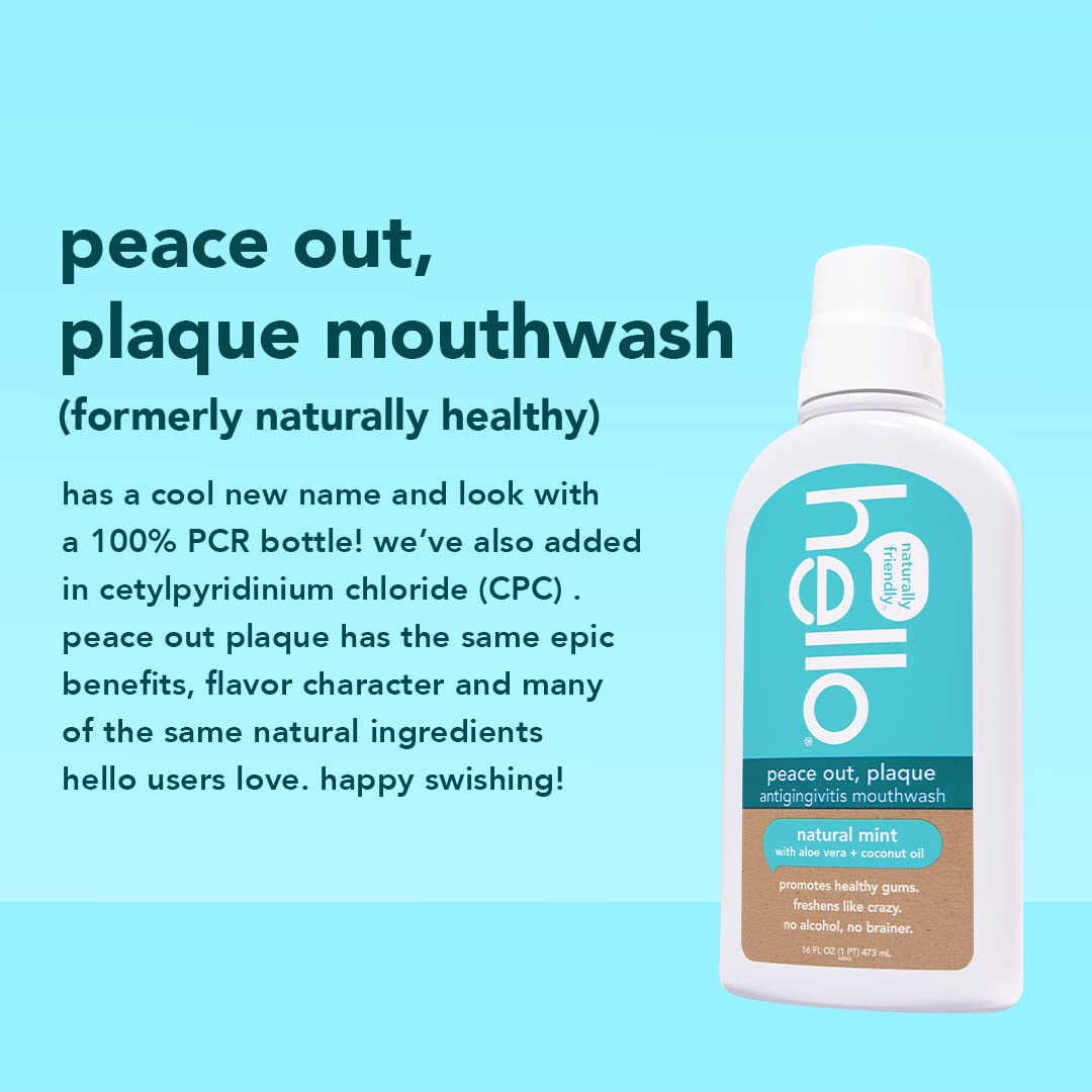 Hello Peace Out Plaque, Antigingivitis Alcohol Free Mouthwash, Natural Mint with Aloe Vera and Coconut Oil, Fluoride Free, Vegan, SLS Free and Gluten Free, 16 Ounce (Pack of 3)