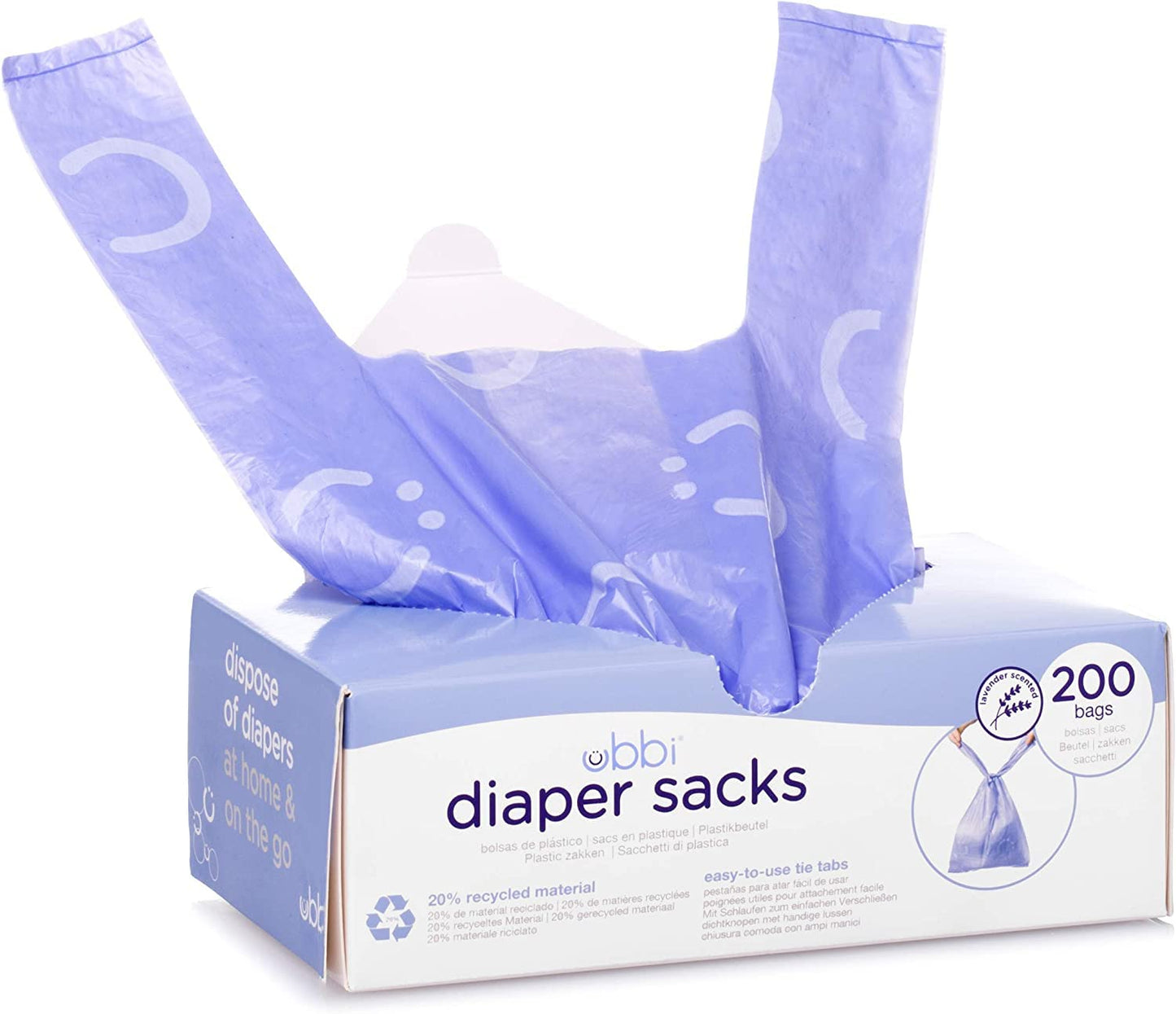 Ubbi Disposable Diaper Sacks, Lavender Scented, Easy-To-Tie Tabs, Diaper Disposal or Pet Waste Bags, 200 Count