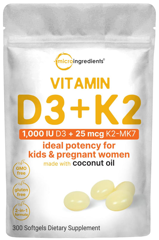 Micro Ingredients Vitamin D3 1,000 iu Plus K2 (MK-7) 25 mcg, 300 Virgin Coconut Oil Softgels | 2 in 1 Vitamins D & K Complex | Ideal Potency for Kids & Pregnant Women – Easy to Swallow