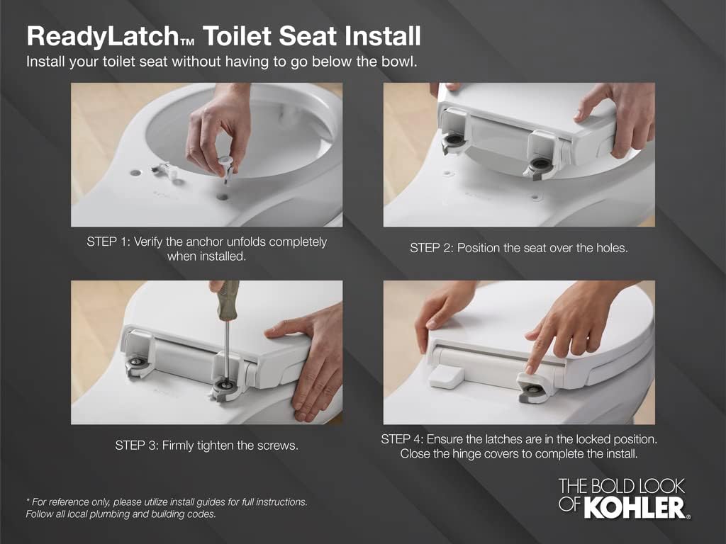 KOHLER 4636-RL-0 Cachet ReadyLatch Elongated Toilet Seat, Quiet-Close Lid and Seat, Countoured Seat, Grip-Tight Bumpers and Installation Hardware, White, 18.04"L x 14.18"W