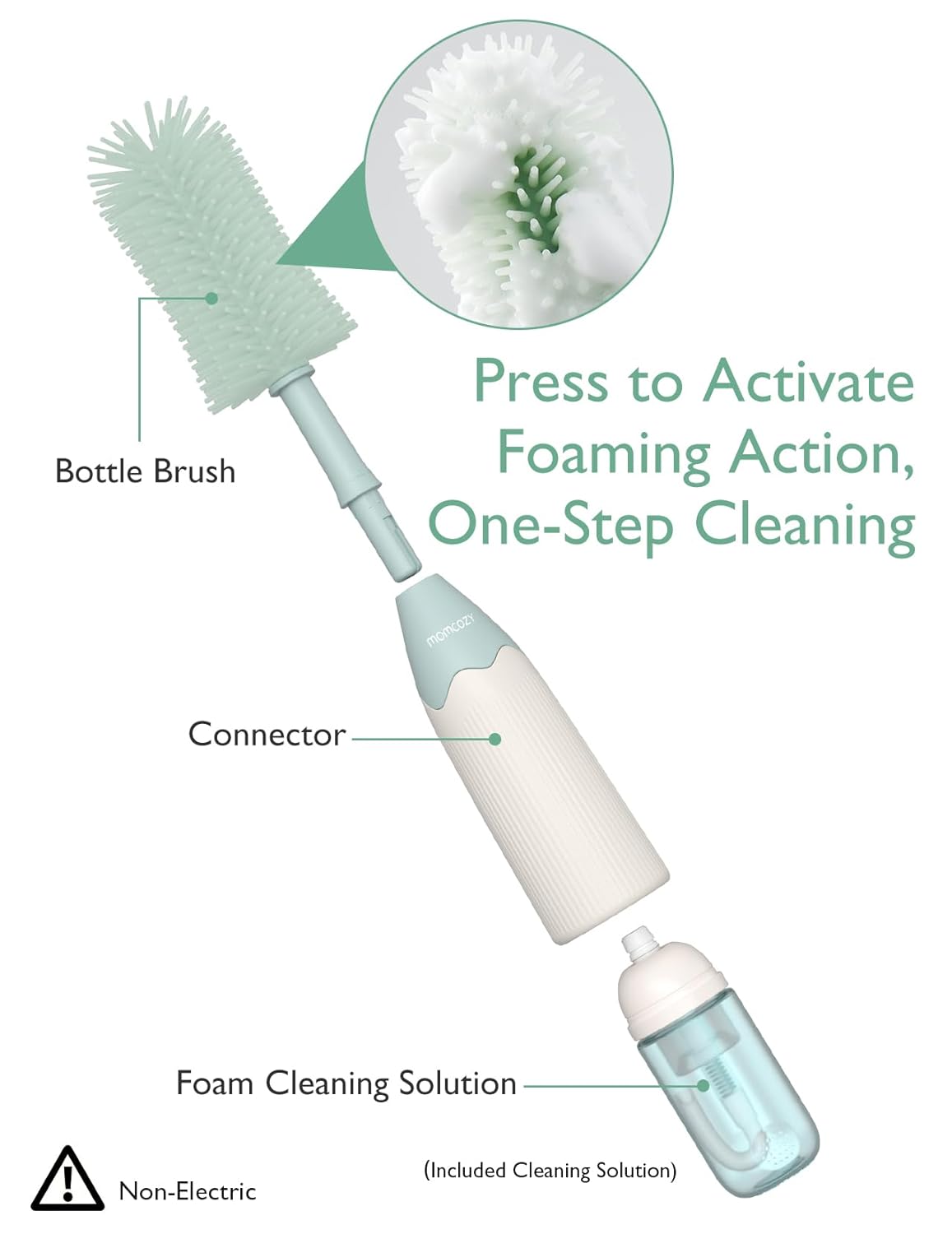 Momcozy Bottle Brush Kit, Innovative Push-Press Design for Better Cleaning - Baby Bottle Cleaner Brush for Baby Bottle, Breast Pumps, Nipples, and More - Can Generate Foam for Better Cleaning, Green