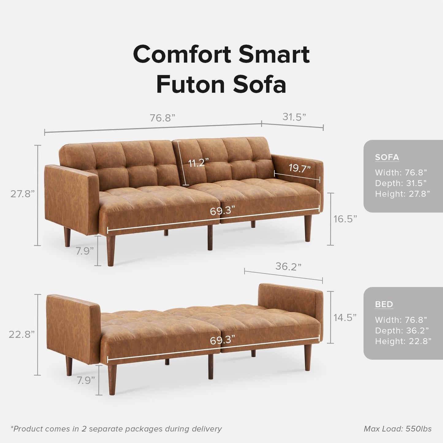 mopio Aaron Couch, Small Sofa, Futon, Sofa Bed, Sleeper Sofa, Loveseat, Mid Century Modern Futon Couch, Sofa Cama, Couches for Living Room, Bedroom (Pecan Brown, Faux Leather)