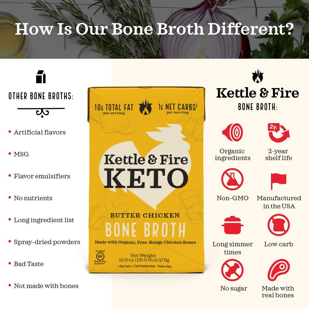 Kettle and Fire Classic Beef Bone Broth, Keto, Paleo, and Whole 30 Approved, Gluten Free, High in Protein and Collagen (6 Pack)