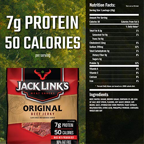 Jack Link's Beef Jerky 5 Count Multipack, Original, 5, 0.625 oz. Bags - Flavorful Meat Snack for Lunches, Ready to Eat - 7g of Protein, Made with 100% Beef - No Added MSG** or Nitrates/Nitrites