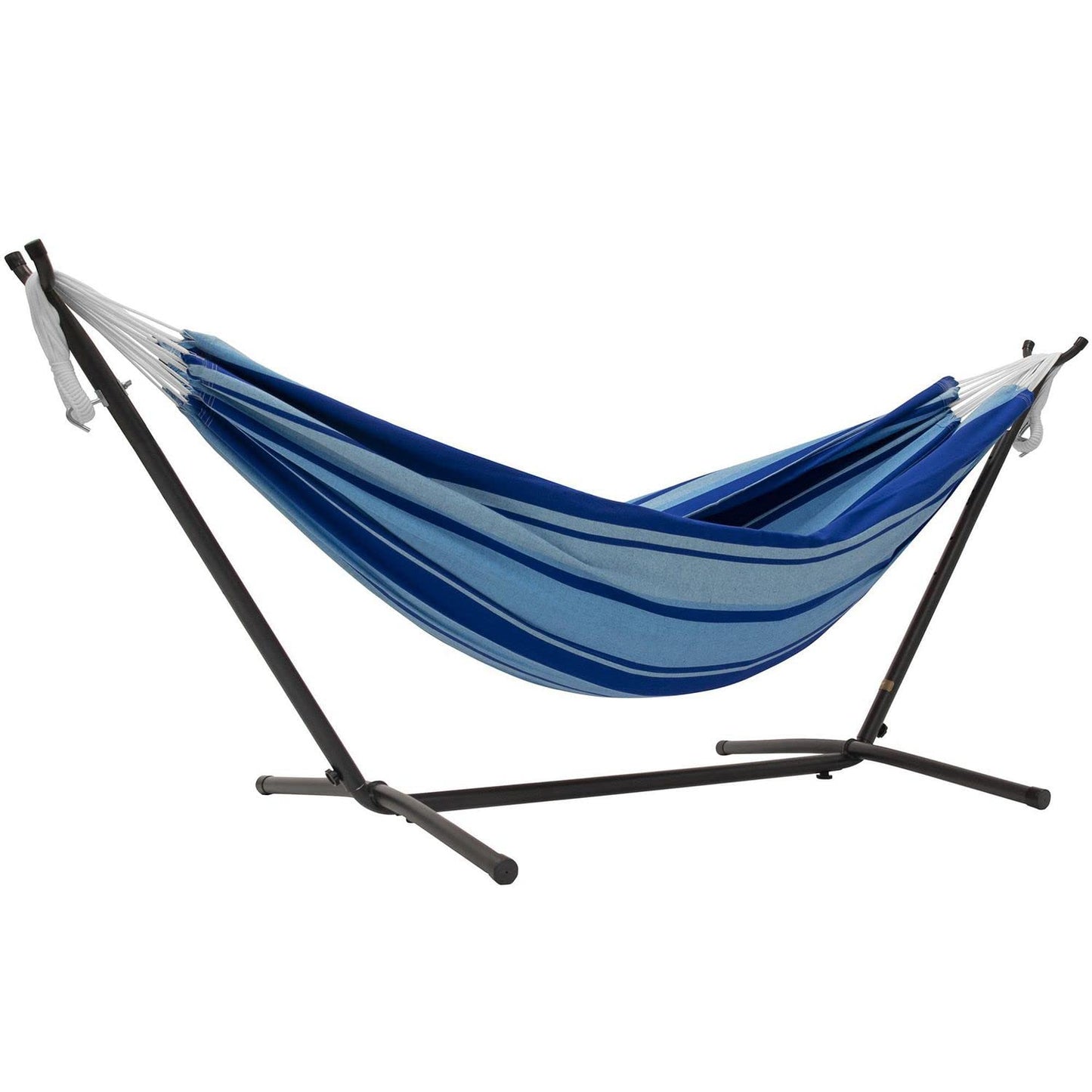 Vivere Double Hammock with Space Saving Steel Stand, Natural (450 lb Capacity - Premium Carry Bag Included)