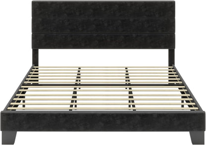 SHA CERLIN King Platform Bed Frame with Velvet Upholstered Headboard, Mattress Foundation with Strong Wooden Slats Support, No Box Spring Needed, Black