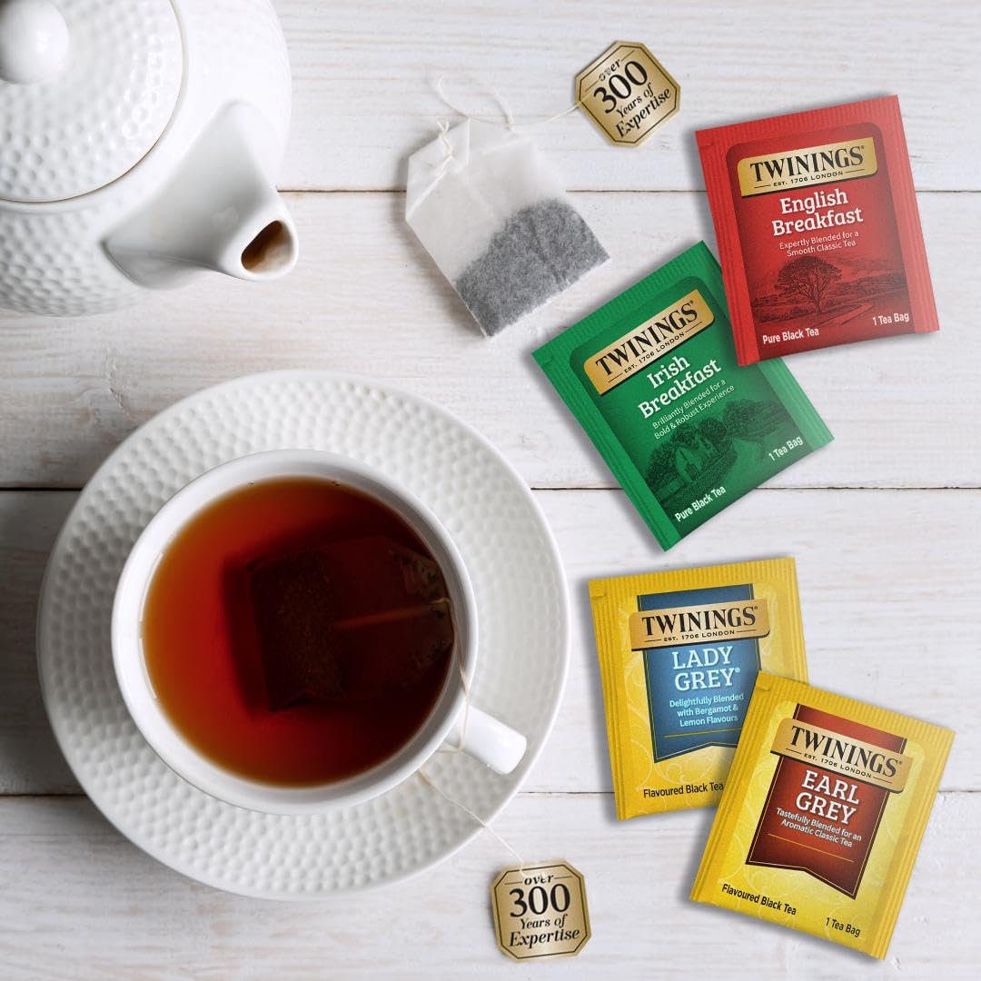 Twinings English Breakfast Black Tea, 100 Individually Wrapped Tea Bags, Smooth, Flavourful, Robust, Caffeinated, Enjoy Hot or Iced