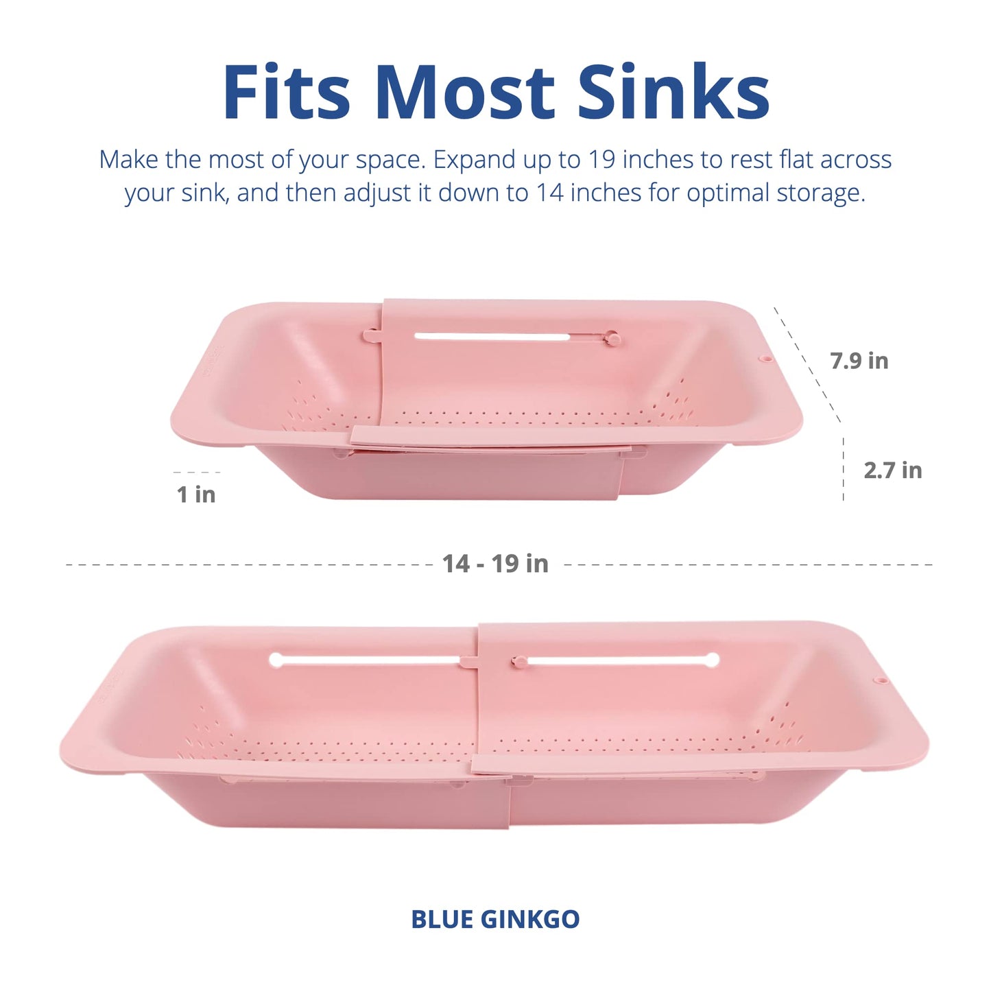 BLUE GINKGO Over the Sink Colander Strainer Basket - Wash Vegetables and Fruits, Drain Cooked Pasta and Dry Dishes - Extendable - New Home Kitchen Essentials (7.9 W x 14.5-19.5 L x 2.75 H) (Pink)