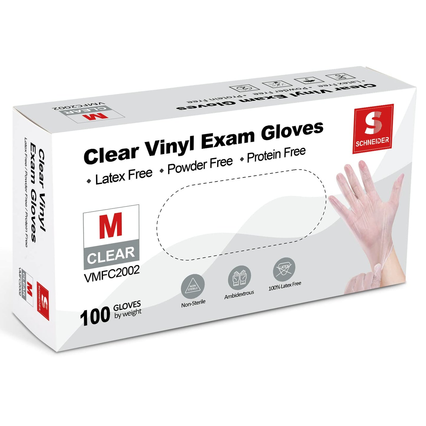 Schneider Clear Vinyl Exam Gloves, Latex-Free, Disposable Medical Gloves, Cleaning Gloves, Food Safe, Powder-Free, 4 mil