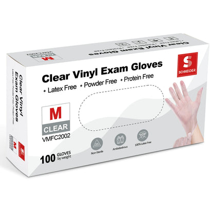 Schneider Clear Vinyl Exam Gloves, Latex-Free, Disposable Medical Gloves, Cleaning Gloves, Food Safe, Powder-Free, 4 mil