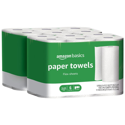 Amazon Basics 2-Ply Flex-Sheets Paper Towels, 2 Basics Rolls = 5 Regular Rolls, Everyday Value with 150 Sheets per Roll