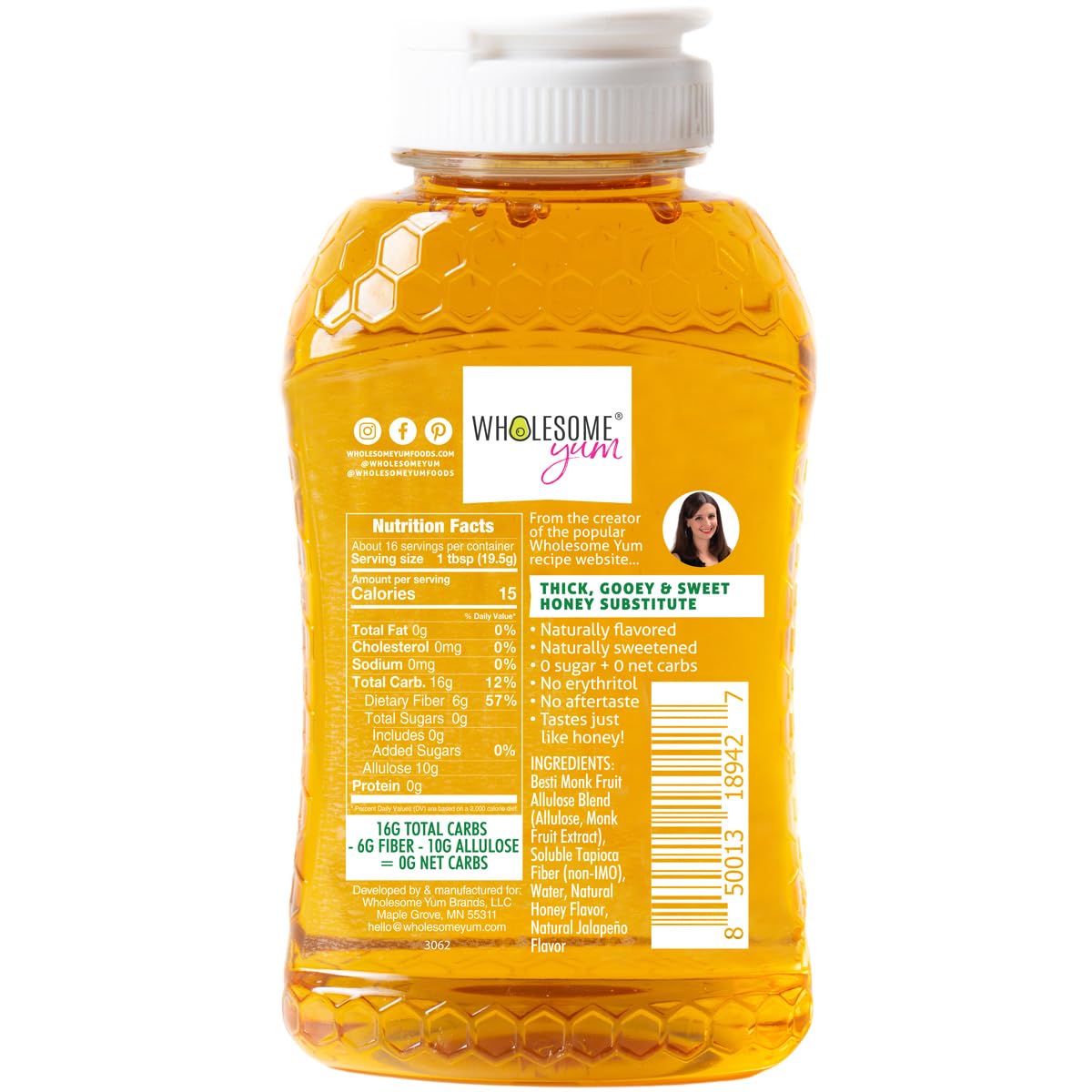 Wholesome Yum Zero Sugar Honey Substitute (Keto Honey) - Natural Sugar Free Honey Alternative With Monk Fruit & Allulose - Zero Net Carbs, Non GMO, Gluten Free, No Aftertaste (11 oz)