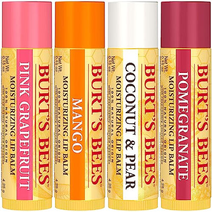 Burt's Bees Lip Balm - Pink Grapefruit, Mango, Coconut & Pear, and Pomegranate Pack, Lip Moisturizer With Beeswax, Tint-Free, Natural Origin Conditioning Lip Treatment, 4 Tubes, 0.15 oz.