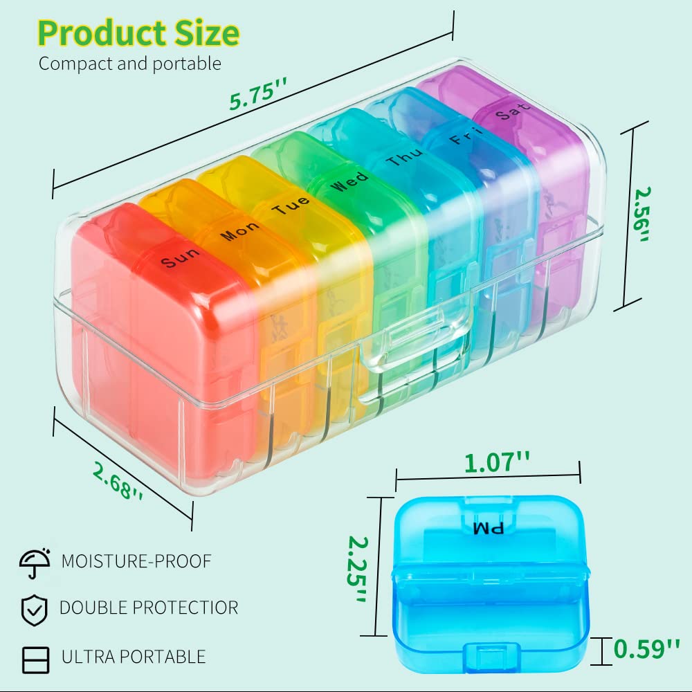 Zoksi Weekly Pill Organizer 2 Times a Day, Rainbow 7 Day Pill Box, Daily Am Pm Pill Organizer, Portable Case for Fish Oils, Vitamin, Supplement