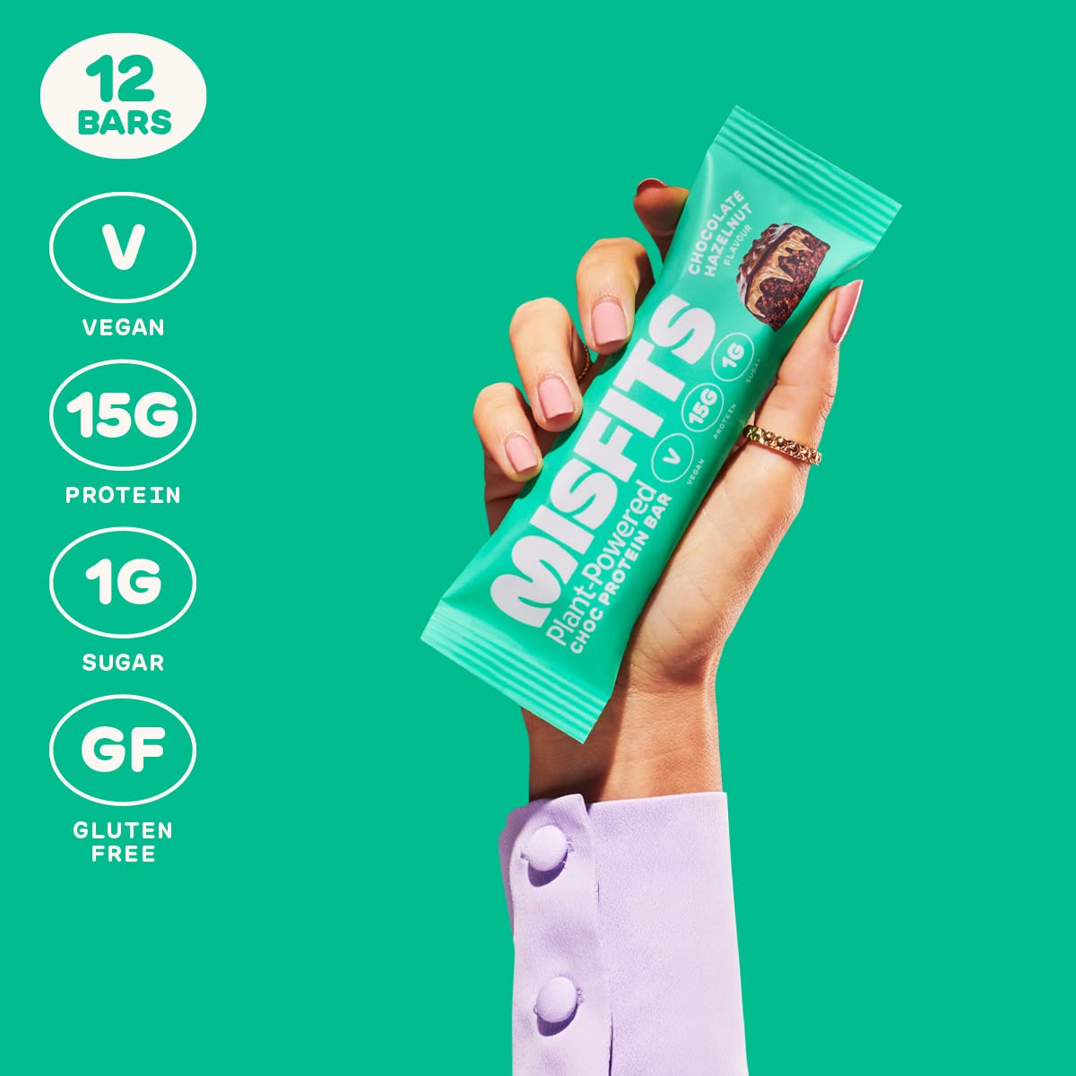 Misfits Vegan Protein Bar, Variety Pack, Plant Based Chocolate Protein Bars, High Protein Snacks for Adults with 15g Plant Protein Per Bar, Low Carb, 1g Sugar, High Fiber, Healthy Snack Food, 12 Pack