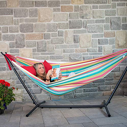 Vivere Double Hammock with Space Saving Steel Stand, Natural (450 lb Capacity - Premium Carry Bag Included)