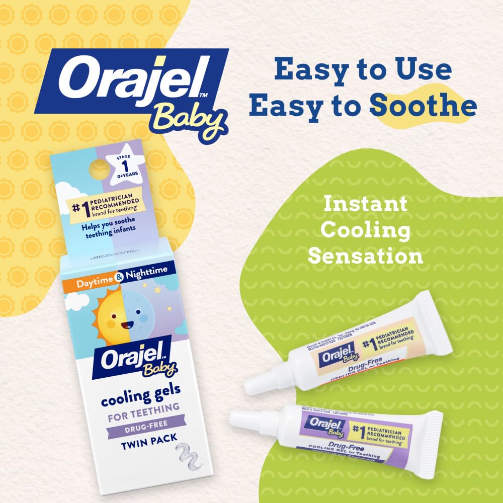 Orajel Baby Daytime & Nighttime Cooling Gels for Teething, Drug - Free, #1 Pediatrician Recommended Brand for Teething*, Two 0.18oz Tubes