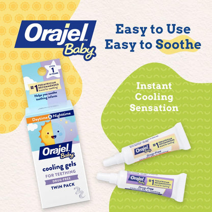 Orajel Baby Daytime & Nighttime Cooling Gels for Teething, Drug - Free, #1 Pediatrician Recommended Brand for Teething*, Two 0.18oz Tubes