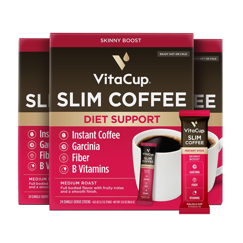 VitaCup Slim Instant Coffee Packets, with Garcinia, Fiber, B Vitamins, Bold & Smooth, Medium Dark Roast, 100% Arabica Coffee in Single Serve Sticks, 24 Ct