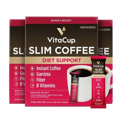 VitaCup Slim Instant Coffee Packets, with Garcinia, Fiber, B Vitamins, Bold & Smooth, Medium Dark Roast, 100% Arabica Coffee in Single Serve Sticks, 24 Ct